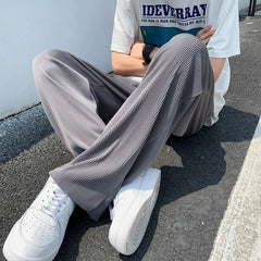 Threebooy  Summer Pleated Pants Men Oversized Gray Black Casual Trousers Men Japanese Streetwear Loose Wide Leg Pants Mens Ice Silk Pants
