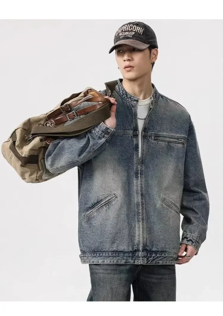 Threebooy Vintage Denim Jacket Men's Loose-Fit High-End Feel American Style Distressed Washing For Autumn Trendy Workwear