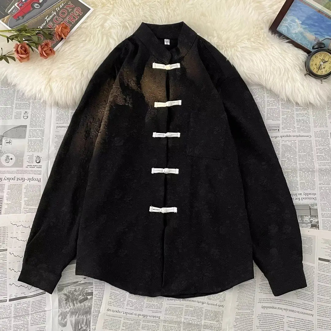 Threebooy Chinese Style Blouse Buckle Stand Collar Shirt Korean 2025 Summer New Trend Embroidered Pattern Vintage Shirt Jacket