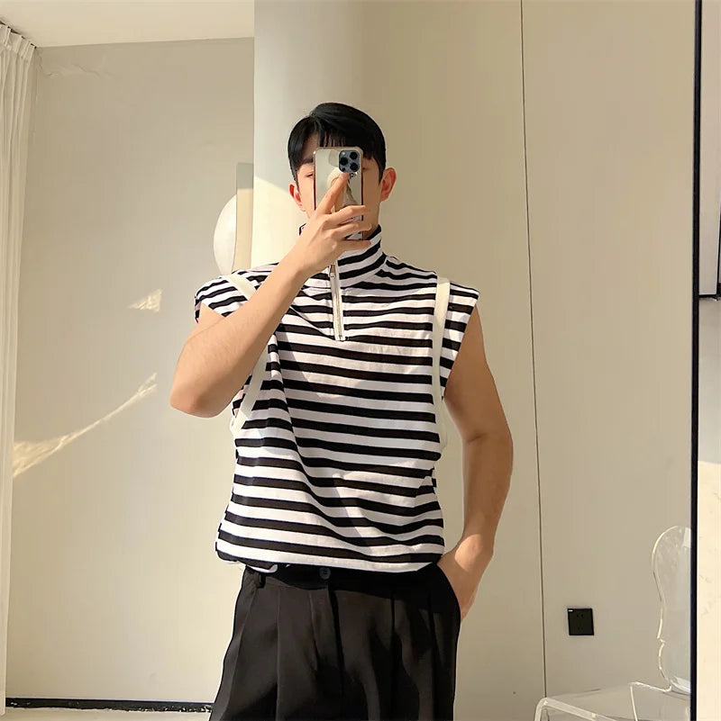 Threebooy Fashion Korean Summer Casual Men's Turtleneck Striped Vest New Loose Top Personality Half Zipper Sleeveless T-shirt Trend