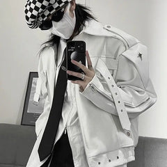 Threebooy  Leather Jacket American Retro High Street White Coat Men's Spring Autumn Streetwear Niche High-end Motorcycle Jacket