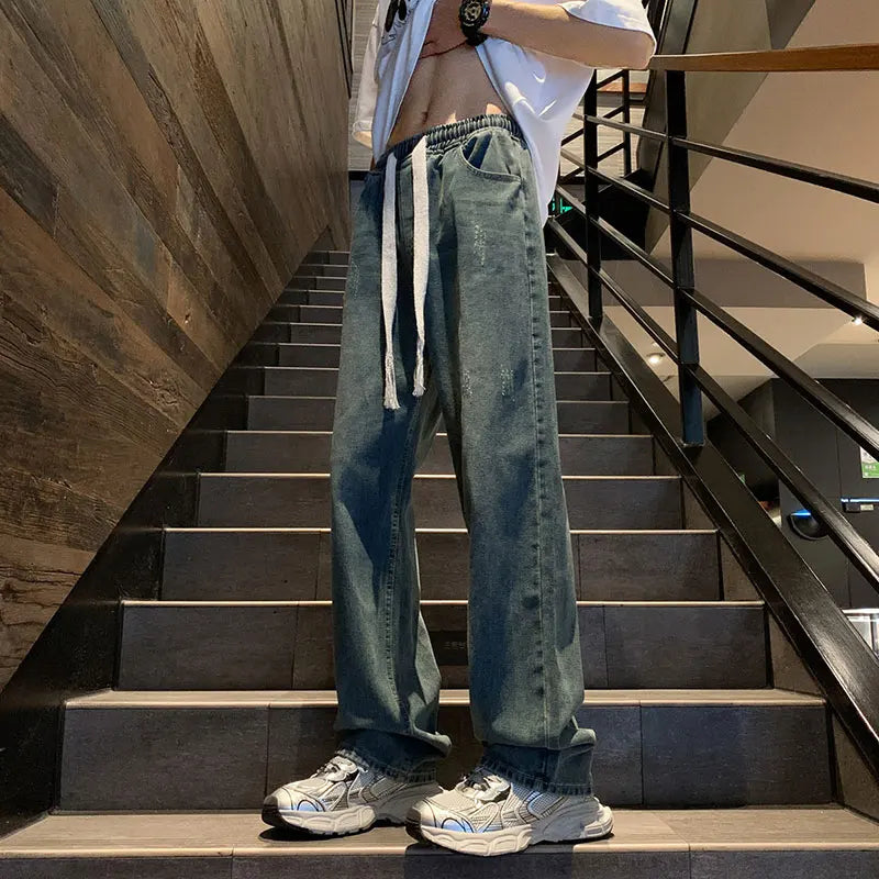 Threebooy  Straight Jeans men Elastic waist Spring New Vintage Casual Baggy Jeans Korean Youth Trousers Classic Wide Leg Denim Pants