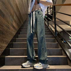 Threebooy  Straight Jeans men Elastic waist Spring New Vintage Casual Baggy Jeans Korean Youth Trousers Classic Wide Leg Denim Pants