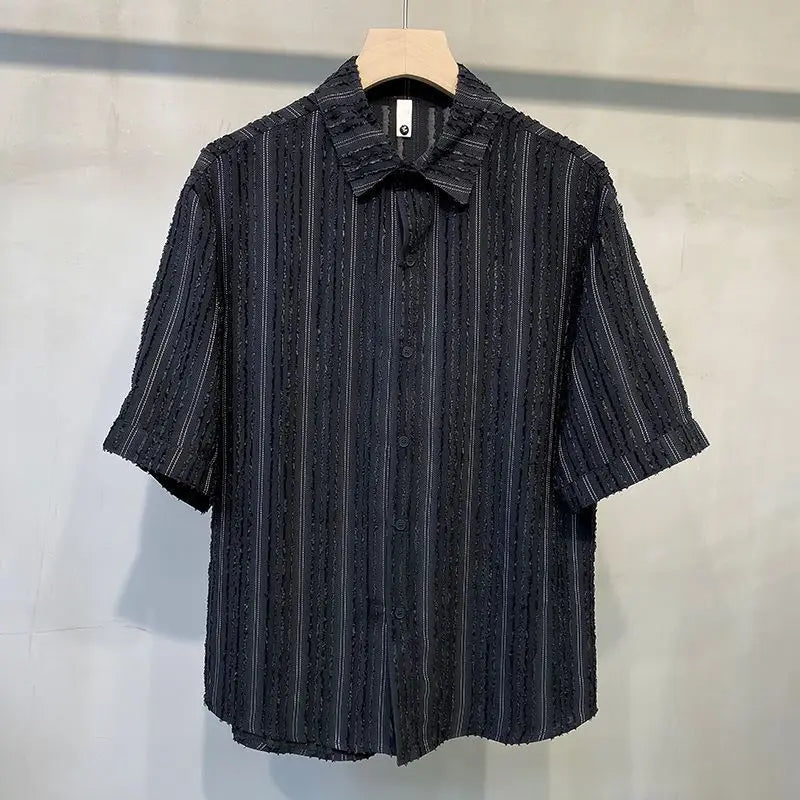 Threebooy  New summer casual set for men's handsome non-iron drooping loose striped shirts fashionable simple breathable shirt men's suit