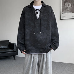 Threebooy Collar Sweatshirt Mens Layered V Neck Pullover Fake Two Piece Streetwear Casual Hoodie Jacket Fall 2025 New Tie Dye Design