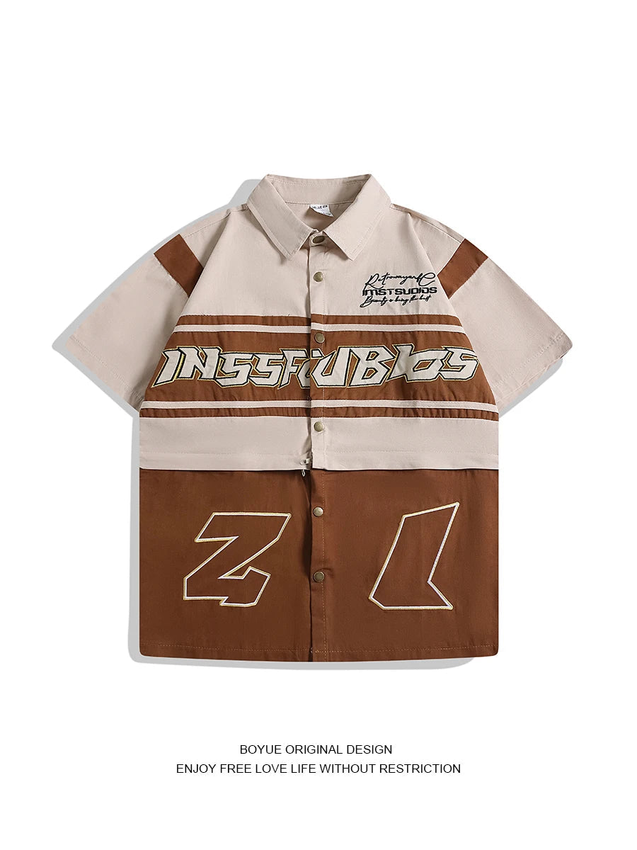 Threebooy American Retro Racing Suit Short-sleeved Shirt Men Korean Version 2025 New Fashionable High-end High-art Motorcycle Style Top