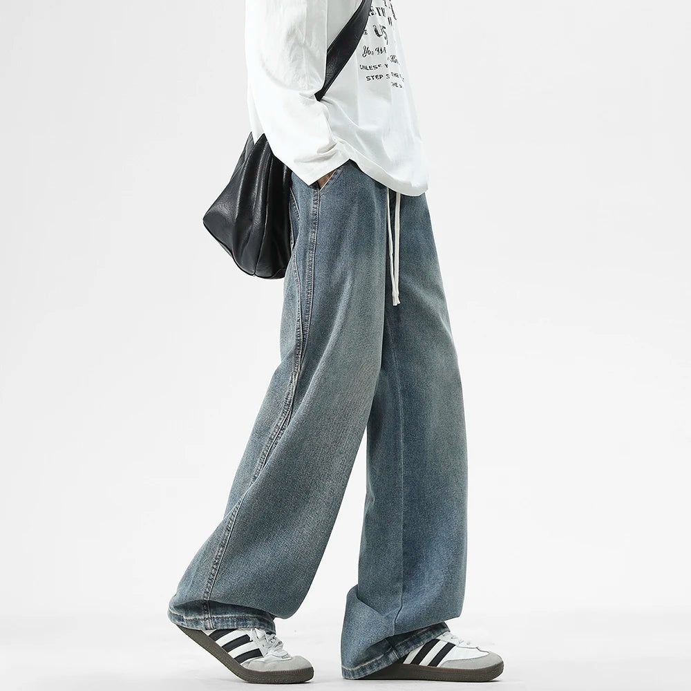 Threebooy  Spring New Men's Loose Jeans Real Shot High-end Baggy Straight Wide-leg Pants Korean Style Street Hip-hop Y2k Trousers