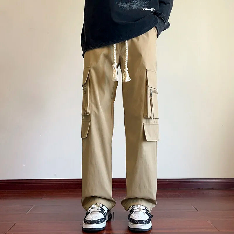 Threebooy Cargo Pants Men Fashion Retro Pocket Casual Pants Men Japanese Streetwear Hip-hop Loose Wide Leg Pants Mens Vintage Trousers