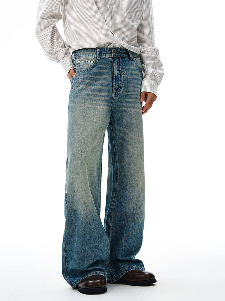 Threebooy American Retro Jeans Men's Oversize Baggy Wide Legs Classic Wash Cotton Denim Pants Hip-hop Rock Streetwear Loose Trousers