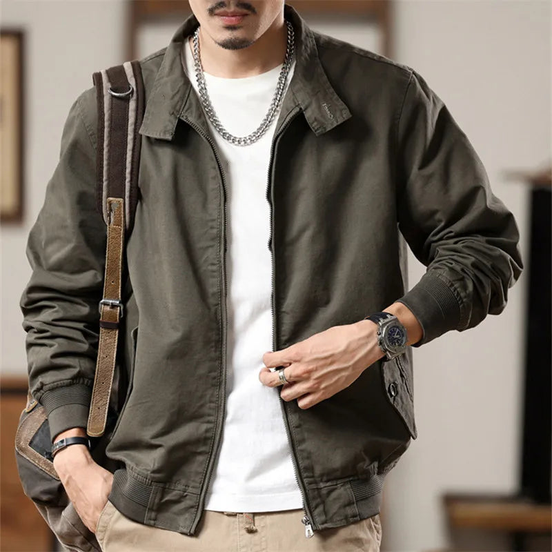 Threebooy  High Quality Men's Vintage Style Casual Jackets Solid Cotton Stand Collar Fashion Cargo Outwear Male Loose Zipper Jacket Coats