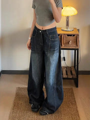 Threebooy New Spring and Autumn Street Men and Women Trendy Personalized Curved Knife Jeans Couple Loose Retro Wide Leg Casual Pants