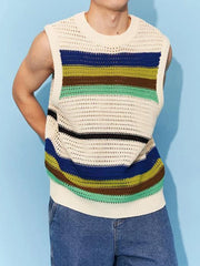 Threebooy Spring New Hollow Stripe Knitwear Sweater Vest 2024 Contrast Color O Neck Casual Tank Tops Korean Fashion Male Sleeveless Tees