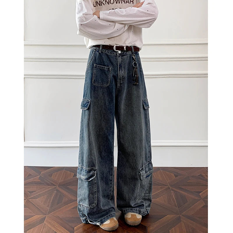 Threebooy Men Workwear Cargo Jeans New Multi Pocket Loose Straight Leg Baggy Streetwear Denim Pants Urban Casual Trousers 2025 Autumn