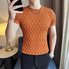Threebooy  Men's Elastic Short Sleeved T-shirt Summer Breathable Round Neck Pullover T-shirt Solid Color Slim Fit Jacquard Men's Clothing