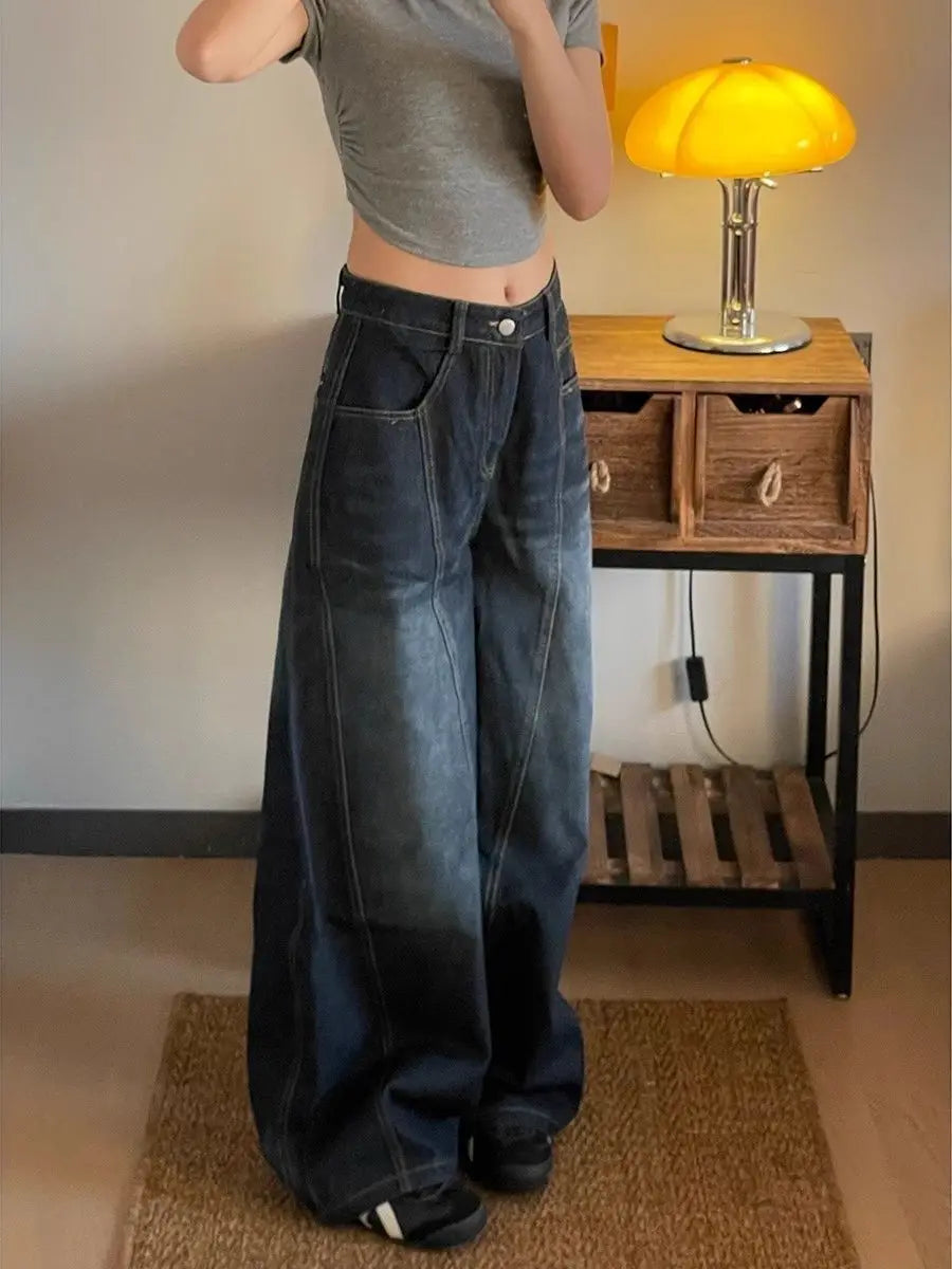 Threebooy New Spring and Autumn Street Men and Women Trendy Personalized Curved Knife Jeans Couple Loose Retro Wide Leg Casual Pants