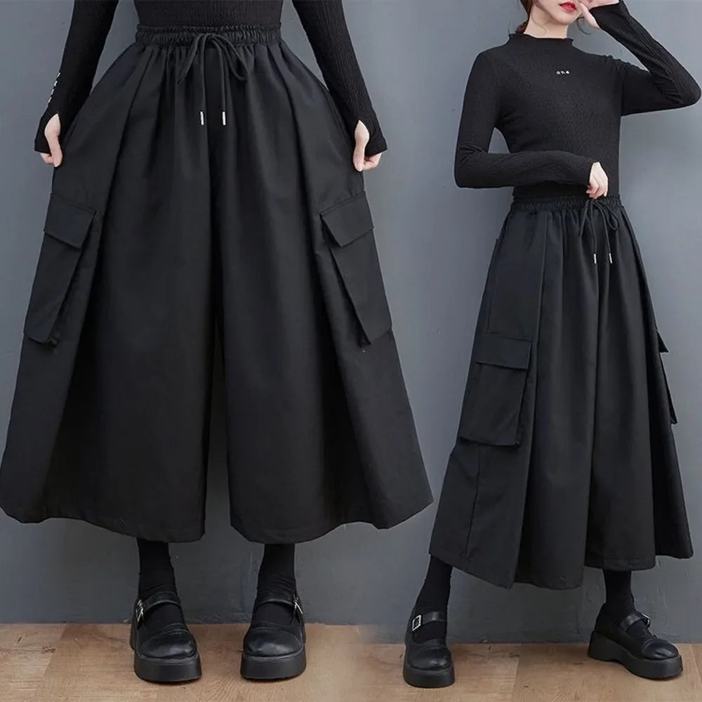 Threebooy Gothic Style Japanese Casual Large Pocket Culottes Fashion Loose Daily Versatile Elastic Waist Wide Leg Pants Unisex 2024 New