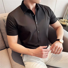 Threebooy  Bamboo Fiber Seamless Shirt for Men's Business Casual Short Sleeved Shirts Solid Color Versatile Daily Social Formal Shirt