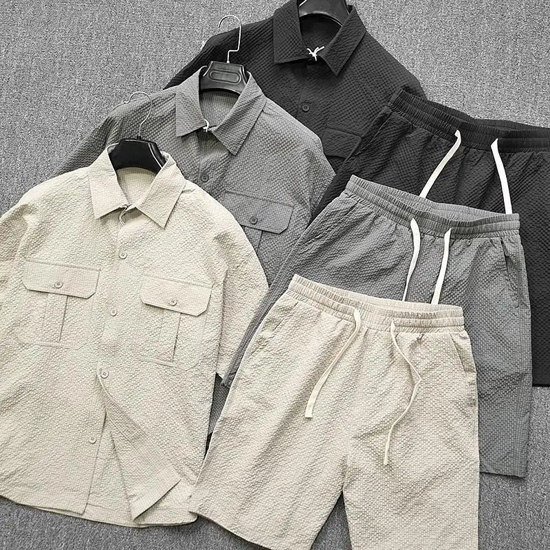 Threebooy Bubble Yarn Lightweight Sweat-absorbing Breathable Cool Summer Men's Casual Sports Suit Work Clothes Short-sleeved Shirt Shorts