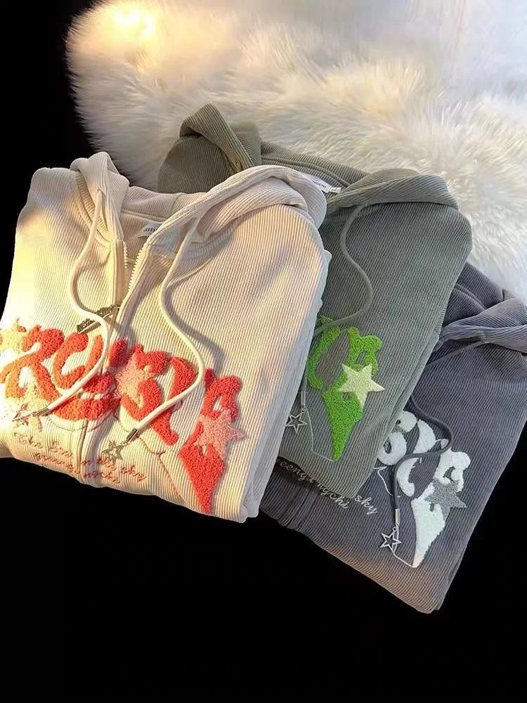 Threebooy Fashion Embroidery Zip Up Hoodies Women Autumn Long Sleeve Tops Loose Hood Shirt Harajuku Y2K Clothes Female Sweatshirt Jacket