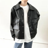 Threebooy Black Short Leather Jacket Men Oversized Pocket Motorcycle Jackets Mens Streetwear Hip-hop Loose Bomber Jacket Men Korean Coat