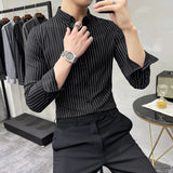 Threebooy British Style Striped Shirts Mens Long Sleeve Business Formal Dress Shirt Casual Slim Fit Shirt Streetwear Social Party Clothing