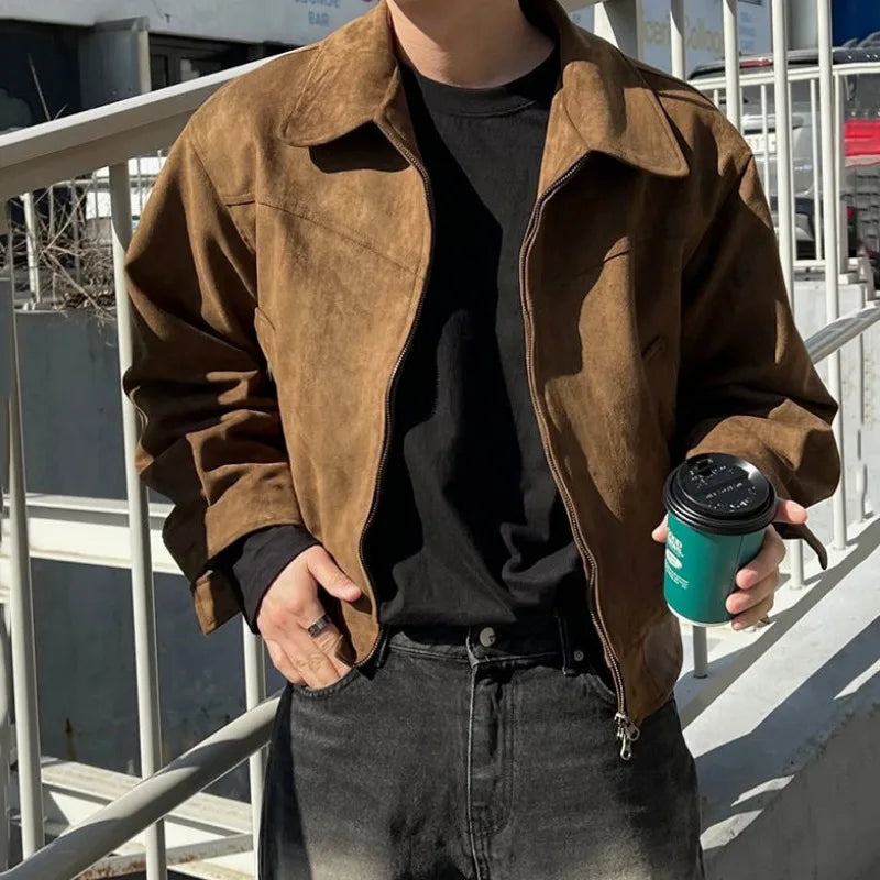 Threebooy Elegant Solid Brown Coat Men's Spring Autumn High-end Loose Lapel Plush Top Winter New Zipper Short Jacket Vintage Streetwear