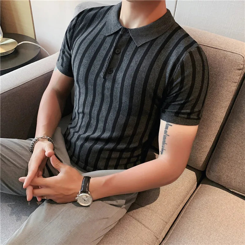 Threebooy Men Ice Silk Thin Openwork Knit Lapel Short Sleeve Men's T Shirt Slim Hole Polo Shirt Blue/ Mens Polo Shirts with Short Sleeve