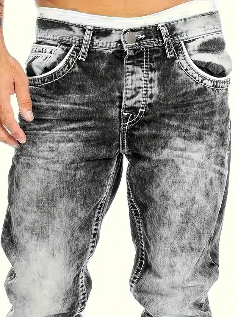 Threebooy  1pc Men's Casual Slim-Fit Stretch Jeans, Fashionable Street-Style Gradient Denim Pants with Washed-Out Look, Regular Fit, Machin