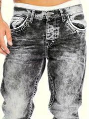 Threebooy  1pc Men's Casual Slim-Fit Stretch Jeans, Fashionable Street-Style Gradient Denim Pants with Washed-Out Look, Regular Fit, Machin