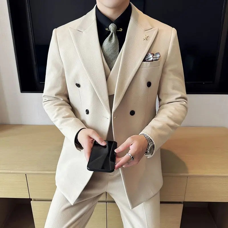 Threebooy  Luxury Men s Tuxedo Suits 3 Piece Set Slim Fit Bead Decoration One Button for Wedding Groom Business Dinner Prom