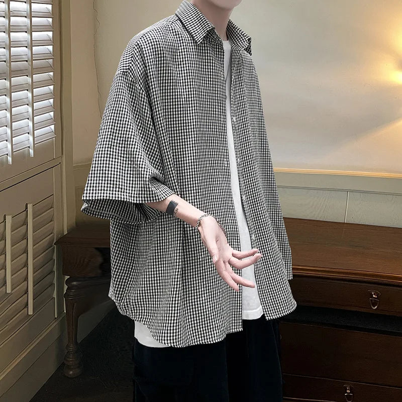 Threebooy Shirt man fashion Streetwear Casual Plaid Shirt Men'S Half Sleeve High Quality Loose Spring Summer Fashion Chemise Homme
