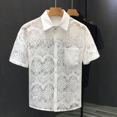 Threebooy Mens Hollow Sexy Lace Short Sleeve Casual Shirt See-Through 2024 New Genderless Fashion Versatile Youth Trend Retro Shirt Unisex