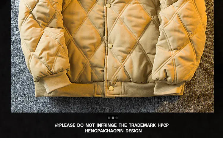 Threebooy Men's Parkas Rhombus Padded Cotton Winter Thickened Retro Casual Baseball Uniforms Warm Coat Stand Collar Single-breasted Coats