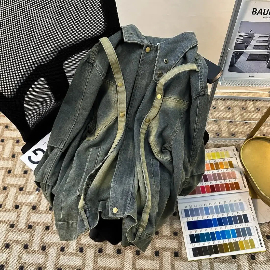 Threebooy  American Retro Niche Button Jeans Coat Design Zipper Loose Washed Denim Jacket Men's Autumn High Street Jacket Top Spring Autumn