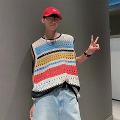 Threebooy Hollow Out Sweater Vest Men Fashion Retro O-neck Knitted Pullover Men Streetwear Loose Sleeveless Sweater Mens Jumper Clothes