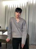 Threebooy Knitted Sweaters for Men Plain Man Clothes Black Loose Solid Color Pullovers V Neck S Knitwears Plus Size Korean Style Baggy A X