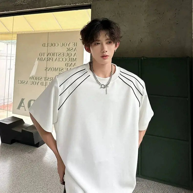 Threebooy  Deconstructed Line Short-sleeved T-shirt Men's Summer Design Sense High-end High Street Fashion Brand Handsome Five-point