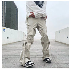 Threebooy Korean Streetwear Men Fashion Summer Pleated Overalls Men's Pants Loose Straight Button Casual Male Solid Color Trousers