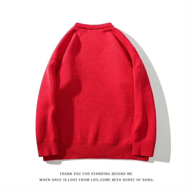 Threebooy 2024 Red Sweater Harajuku Loose Round Neck Long Sleeve Knitwear Lucky Red Knitted Pullovers Men Women Jumper