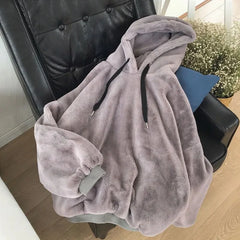 Threebooy  Winter Mens Loose Hooded Sweatshirt Thick Fleece Lined Couple Ins Trendy Warm Lazy Pullover Top