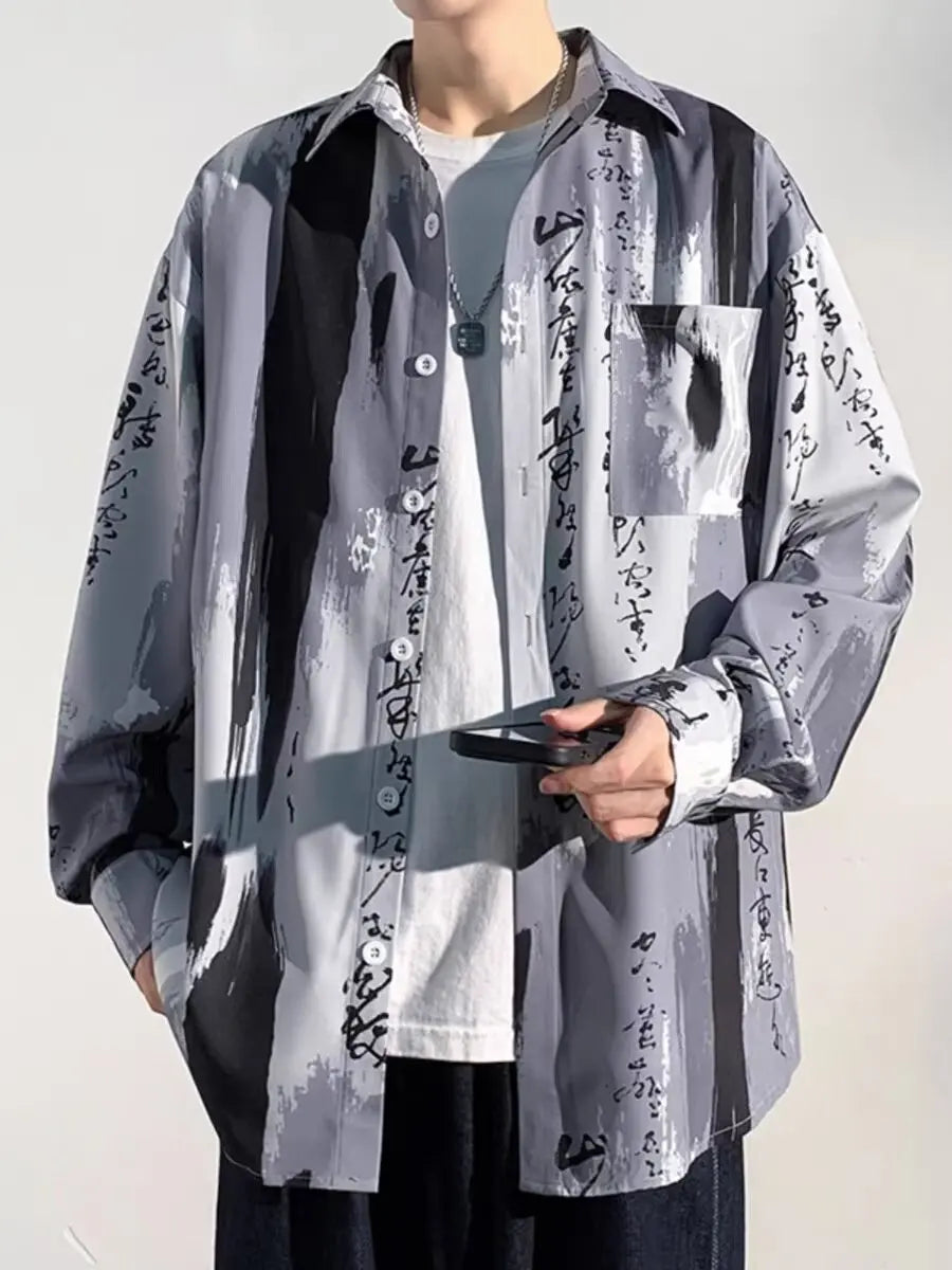 Threebooy  Men's Long Sleeve Dyed Shirt Spring Autumn Loose Print Casual Fashion Watercolor Tie Dye Youth Popular Spring Loose Fit