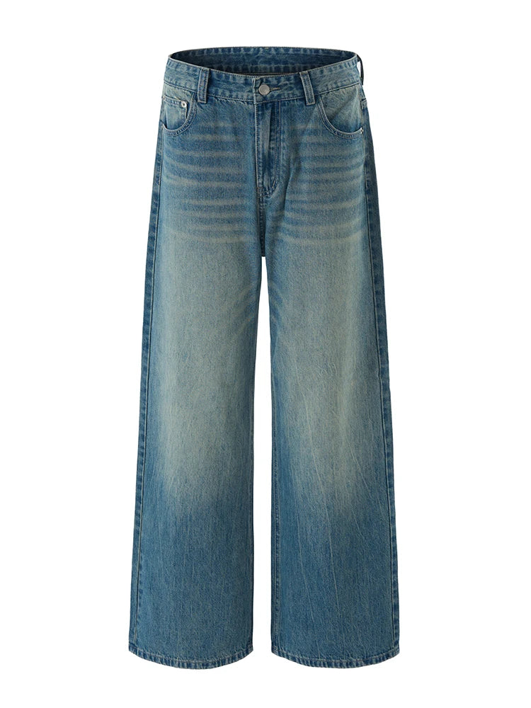 Threebooy American Retro Jeans Men's Oversize Baggy Wide Legs Classic Wash Cotton Denim Pants Hip-hop Rock Streetwear Loose Trousers