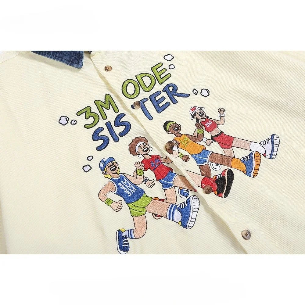 Threebooy  Men Women American Retro Athlete Embroidery Spliced Denim Collar Short-sleeved Shirts Trendy Summer Street Casual Loose Blouse