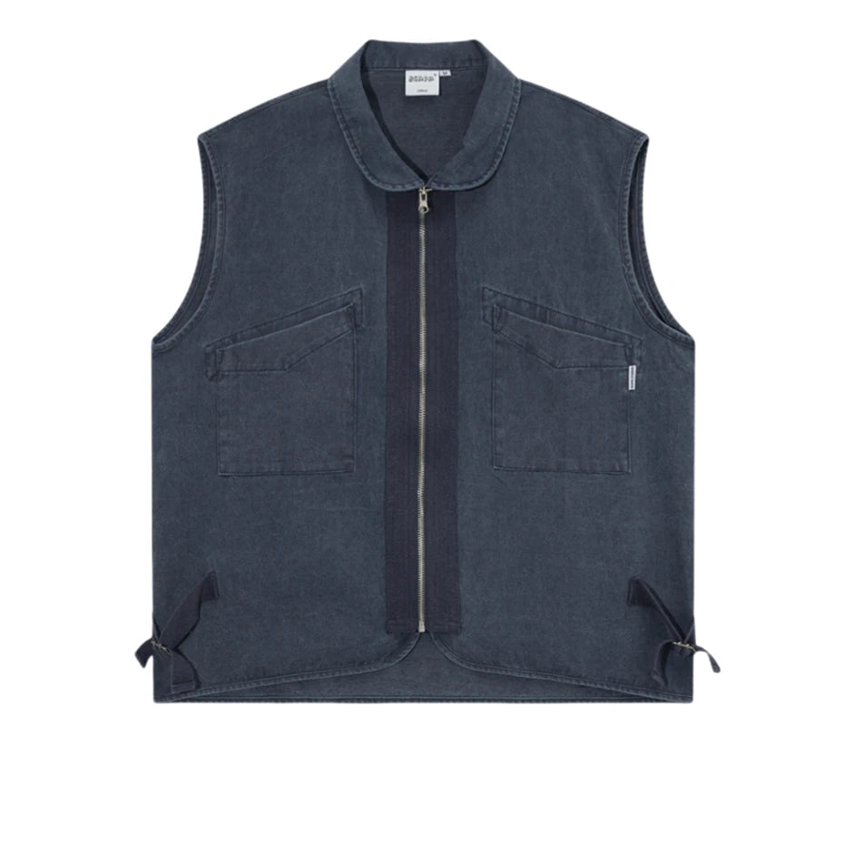 Threebooy Vintage Zipper Denim Vest Jackets Men Streetwear Sleeveless Cargo Coats Harajuku Loose Casual Letter Print Jeans Vests Male