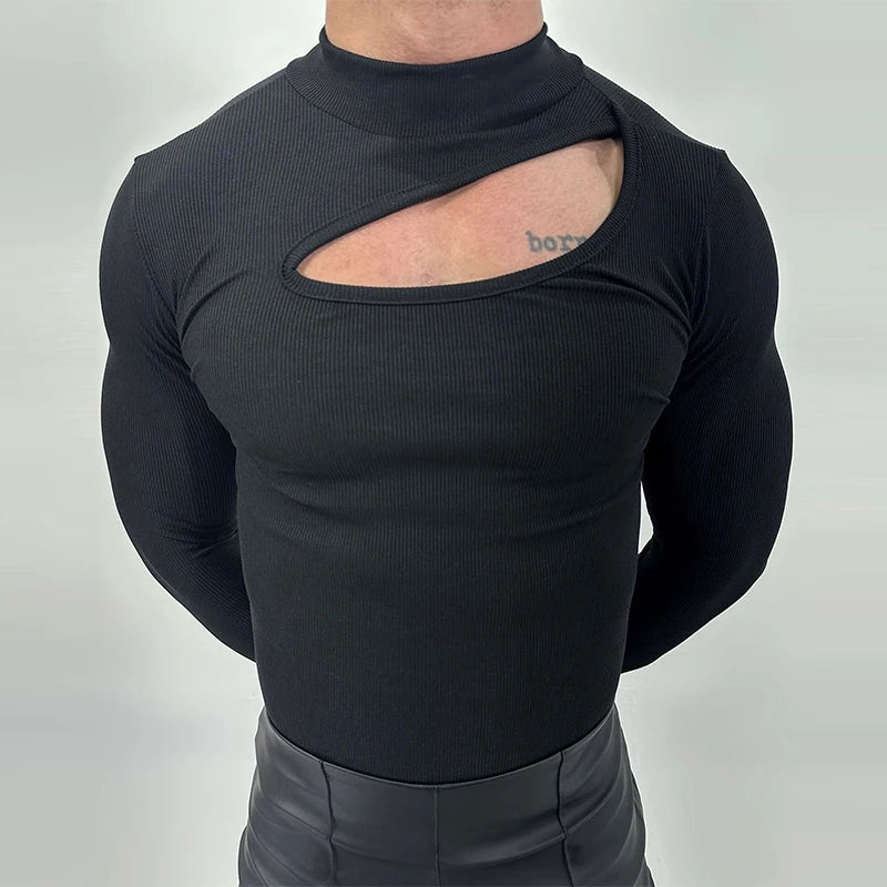 Threebooy  Autumn Clothing Men's Bodysuits Hollow Out Turtleneck Long Sleeve T Shirt Streetwear Sexy Solid Color Ripped Fashion Basic Shirt