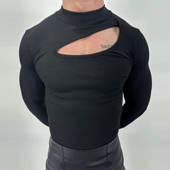 Threebooy  Autumn Clothing Men's Bodysuits Hollow Out Turtleneck Long Sleeve T Shirt Streetwear Sexy Solid Color Ripped Fashion Basic Shirt
