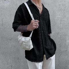 Threebooy Summer New Solid Color Shirt Fashionable Sexy Men's Mid-sleeved European and American Mesh Perspective Lace