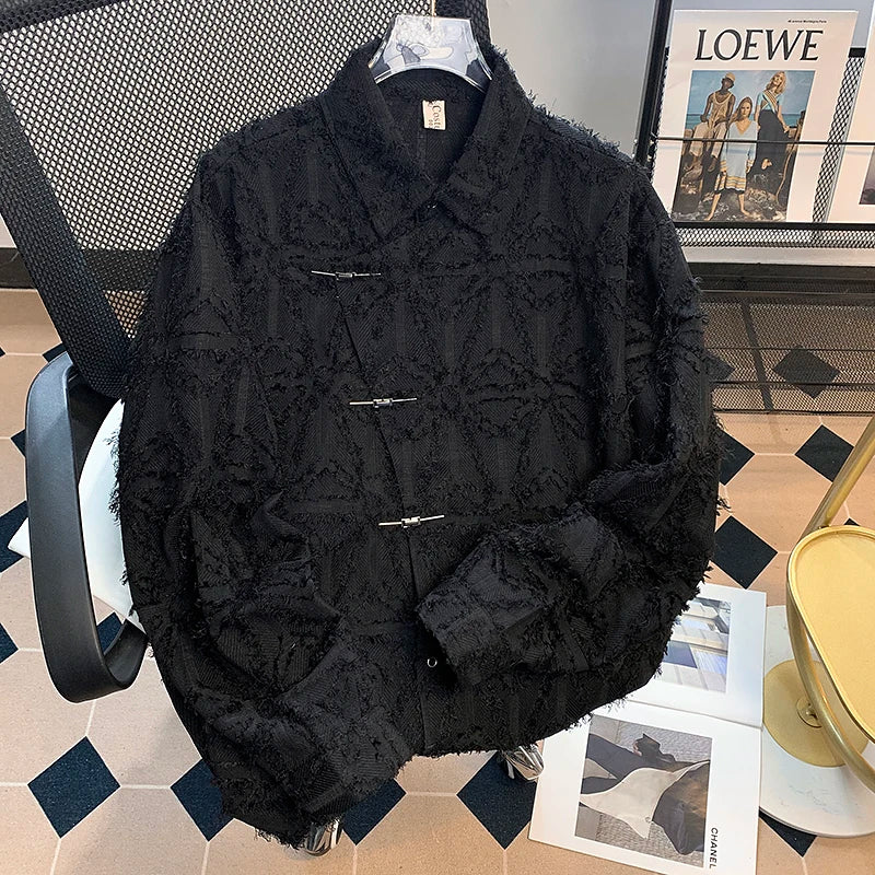 Threebooy Spring metal buttoned tassel long-sleeved shirt Korean style men women fashion style design loose drape shirt jacket Aesthetic