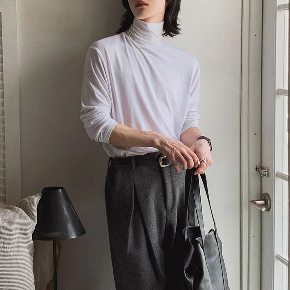 Threebooy  Simple Pile Collar Long-Sleeved T-Shirt Men Spring Aautumn New Fashion Pure Cotton Bottoming Shirt Korean Style Trendy Top