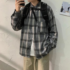 Threebooy  Autumn Plaid Shirt Men's Fashion Retro Casual Shirt Men Streetwear Wild Loose Long Sleeve Shirts Mens Large Size M-5XL